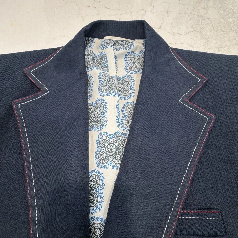 1950s Blazer Mens Navy Blue Red White Stitch Sport Coat Jacket 39